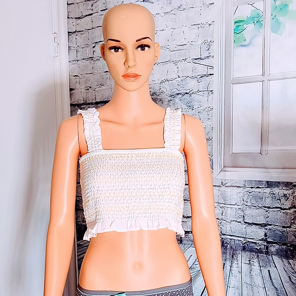 RUCHED WHITE WITH PINK AND YELLOW EMBROIDERY RETRO HALTER TOP WOMEN'S SIZE S